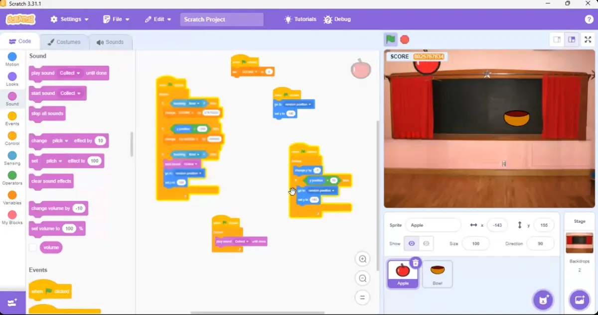 Scratch blocks a student used to make an apple fall in a game