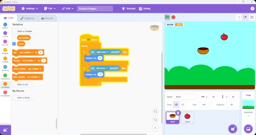 A Scratch score game coded by a Sabi Coders student